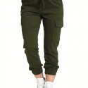Y2K Solid Drawstring Cargo Pants, Casual Elastic Waist Long Length Pants With Pockets, Women's Clothing