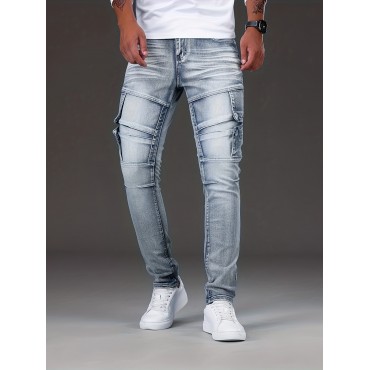 Slim Fit Biker Jeans, Men's Casual Street Style Distressed Medium Stretch Denim Pants Slim Fit Biker Jeans, Men's Casual Street Style Distressed Medium Stretch Denim Pants