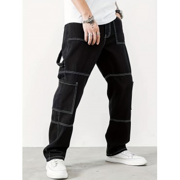 Men's Casual Contrast Stitching Jeans, Street Style Multi Pocket Straight Leg Jeans Men's Casual Contrast Stitching Jeans, Street Style Multi Pocket Straight Leg Jeans