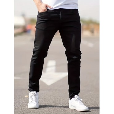 Classic Design Slim Fit Cotton Jeans, Men's Casual Street Style Solid Color Mid Stretch Denim Pants For Spring Summer