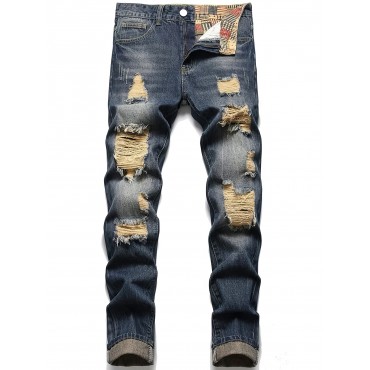 Regular Fit Ripped Jeans, Men's Casual Street Style Distressed Denim Pants For All Seasons Regular Fit Ripped Jeans, Men's Casual Street Style Distressed Denim Pants For All Seasons