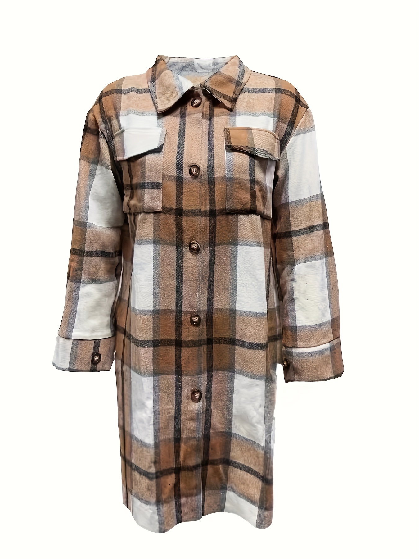 plaid print long length jacket casual button front flap pockets outwear womens clothing details 18