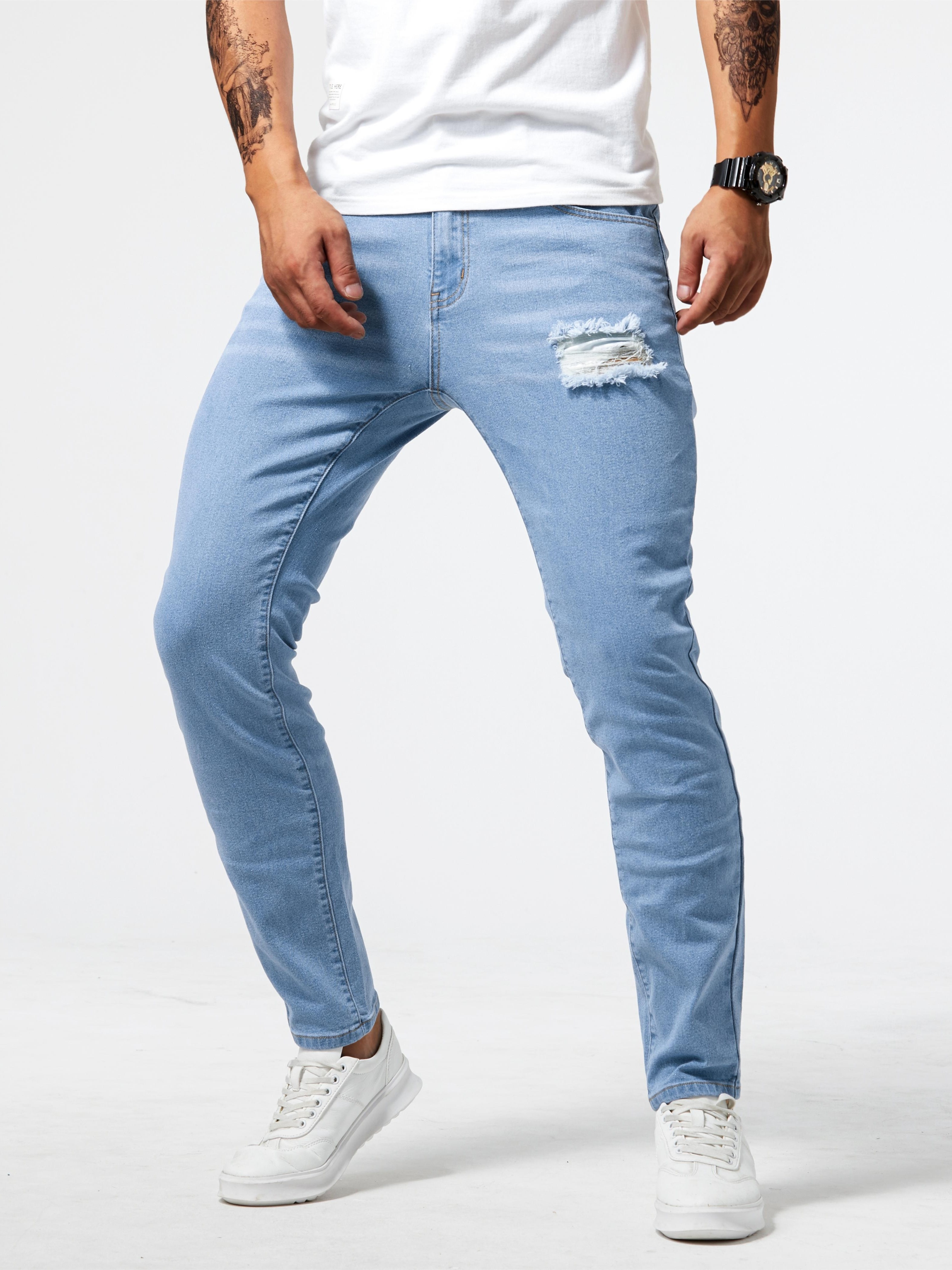 mens casual light blue ripped denim jeans details 10